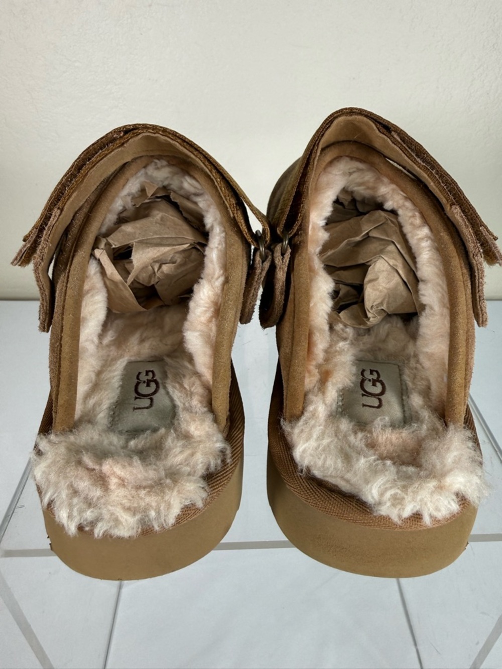 UGG Lanah Chestnut Suede Leather Platform Clogs Mules Fur Lined Slippers Size 9 - Picture 9 of 13